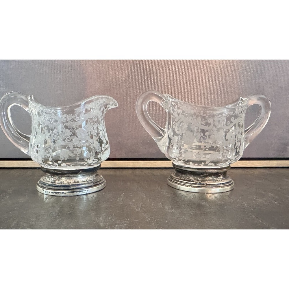 Vtg 1930's Cambridge Chantilly Etched Glass/Sterling Silver Base Creamer & Sugar